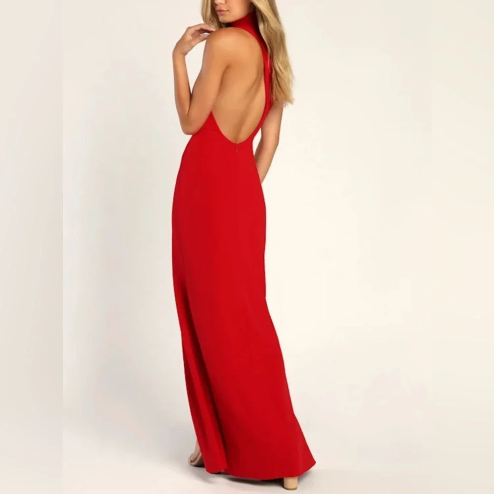 Lulu's Asymmetrical Halter Neck Red Maxi Dress - Picture 2 of 9